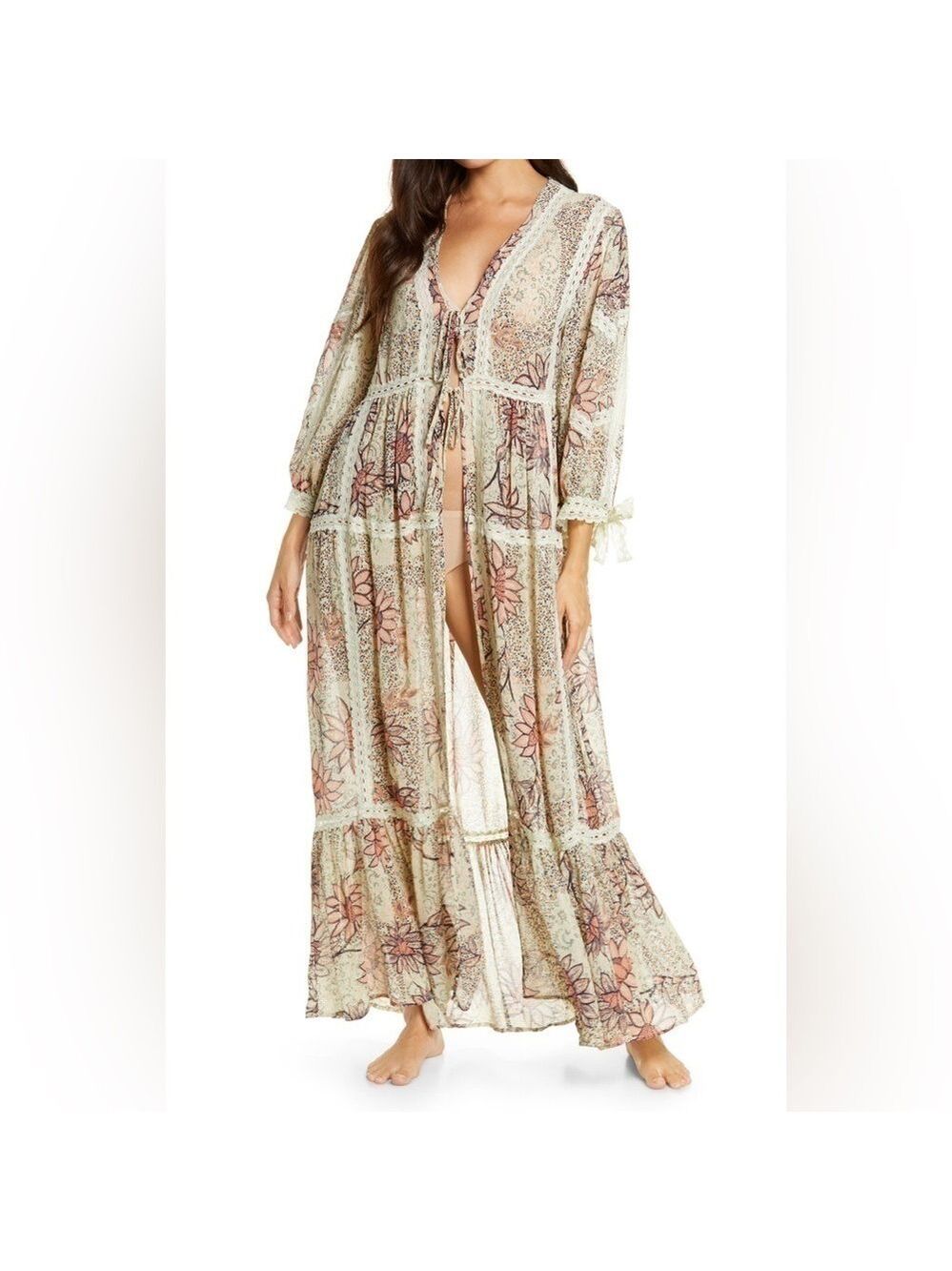 Free People Intimately Lace Long Robe Grasslands Kimono Size XS/S